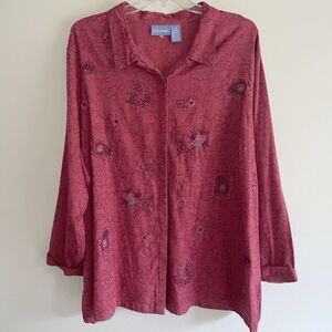 Liz Me Rose Red Long Sleeve Shirt Plus Size 4X Embroidered Floral Womans
